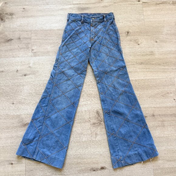 Vintage 70s On Time Flare Jeans Hippie Denim Patchwork Bell Bottom Blue Retro 26